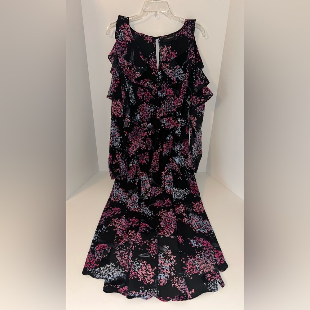 LANE‎ BRYANT Black Purple Floral Cold-Shoulder Ruffle Hi-Lo Midi Dress size 16